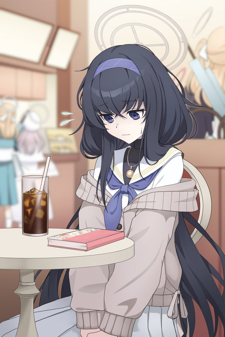 5girls, absurdres, bags_under_eyes, black_hair, black_sweater, blue_archive, blue_eyes, blue_hairband