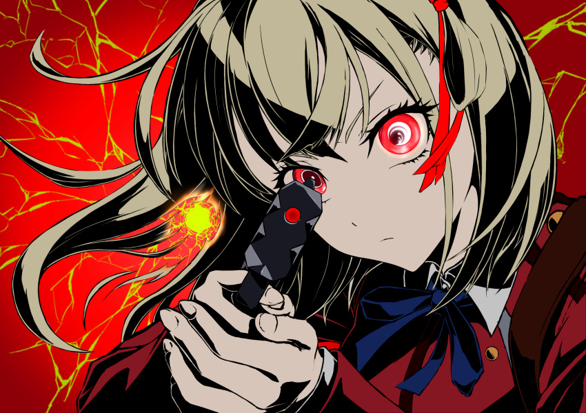 1girl, aiming, aiming_at_viewer, blonde_hair, blue_ribbon, center_axis_relock_stance, closed_mouth, collared_shirt