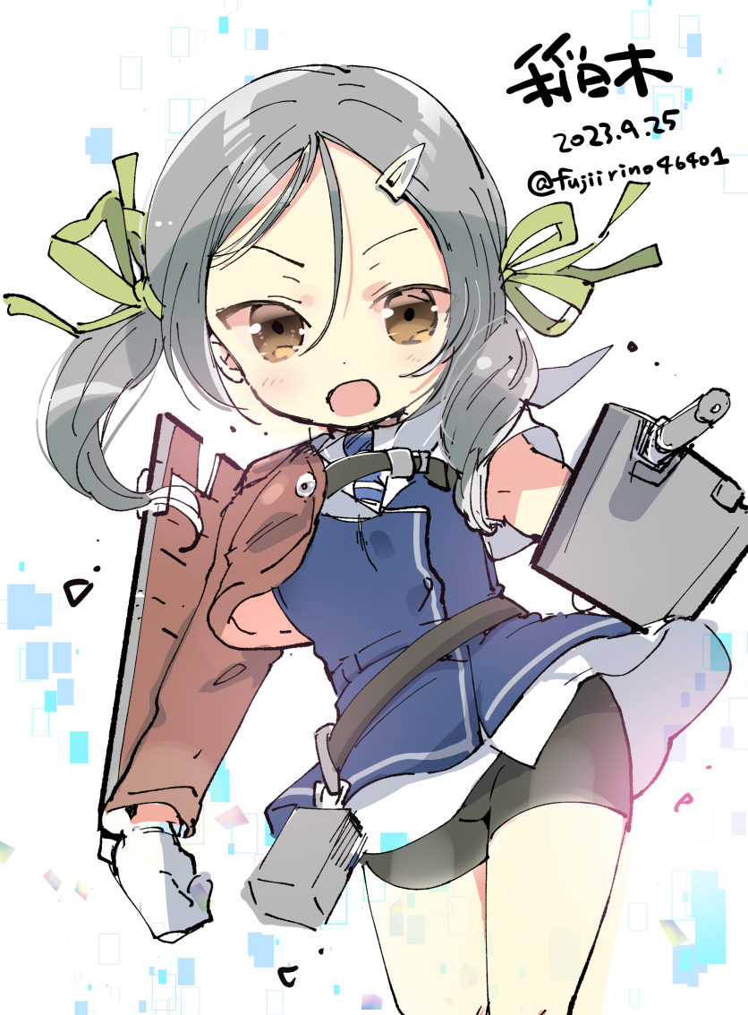 1girl, adapted_turret, armor, bike_shorts, black_hair, blue_dress, cannon, character_name