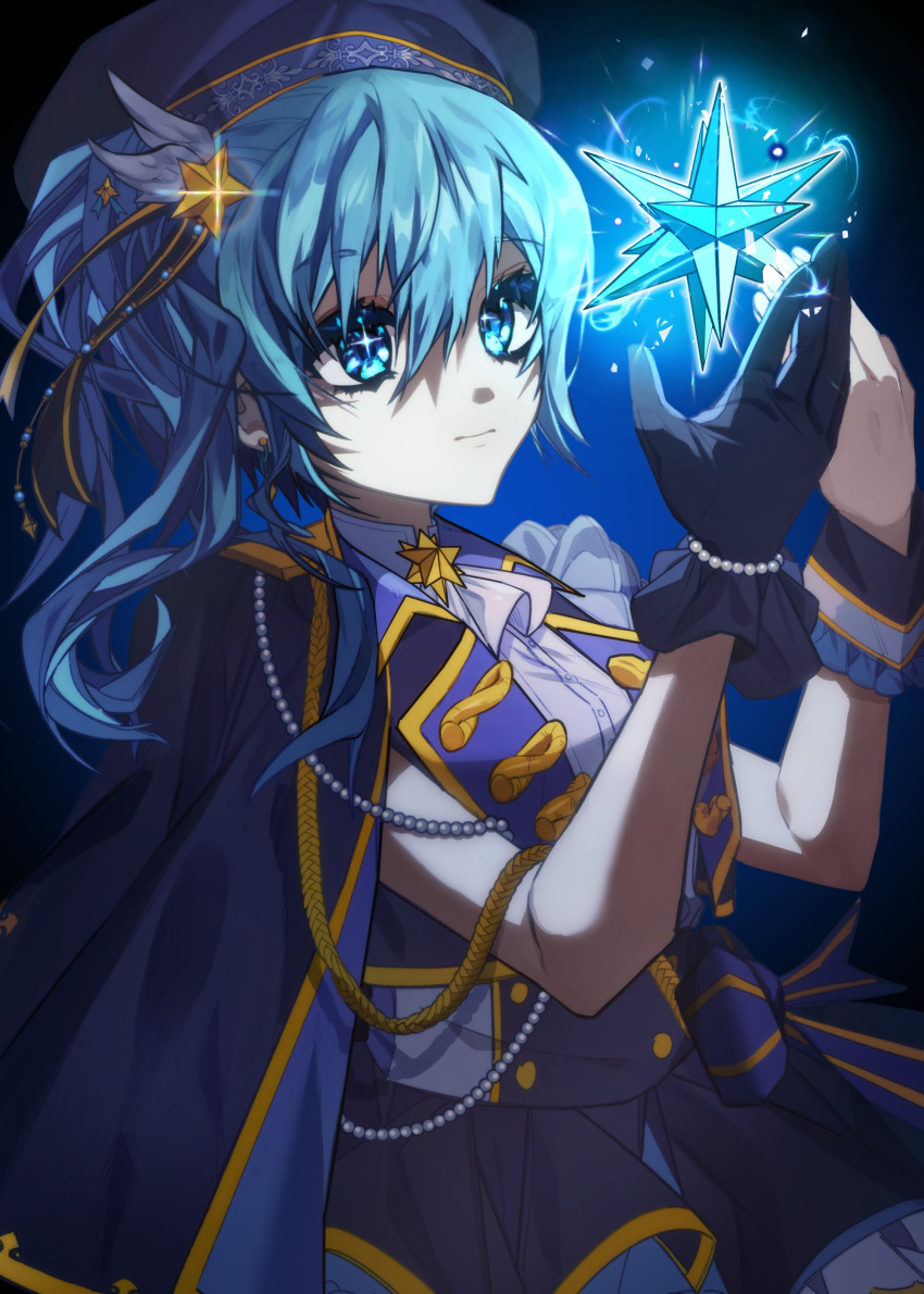 1girl, absurdres, beret, black_gloves, blue_capelet, blue_eyes, blue_hair, blue_headwear