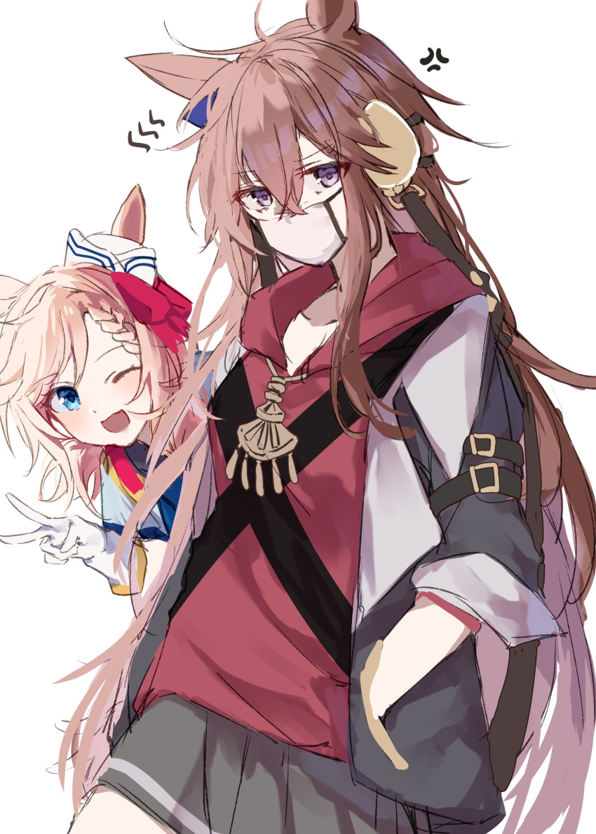 2girls, absurdres, anger_vein, animal_ears, black_coat, blue_eyes, brown_hair, coat