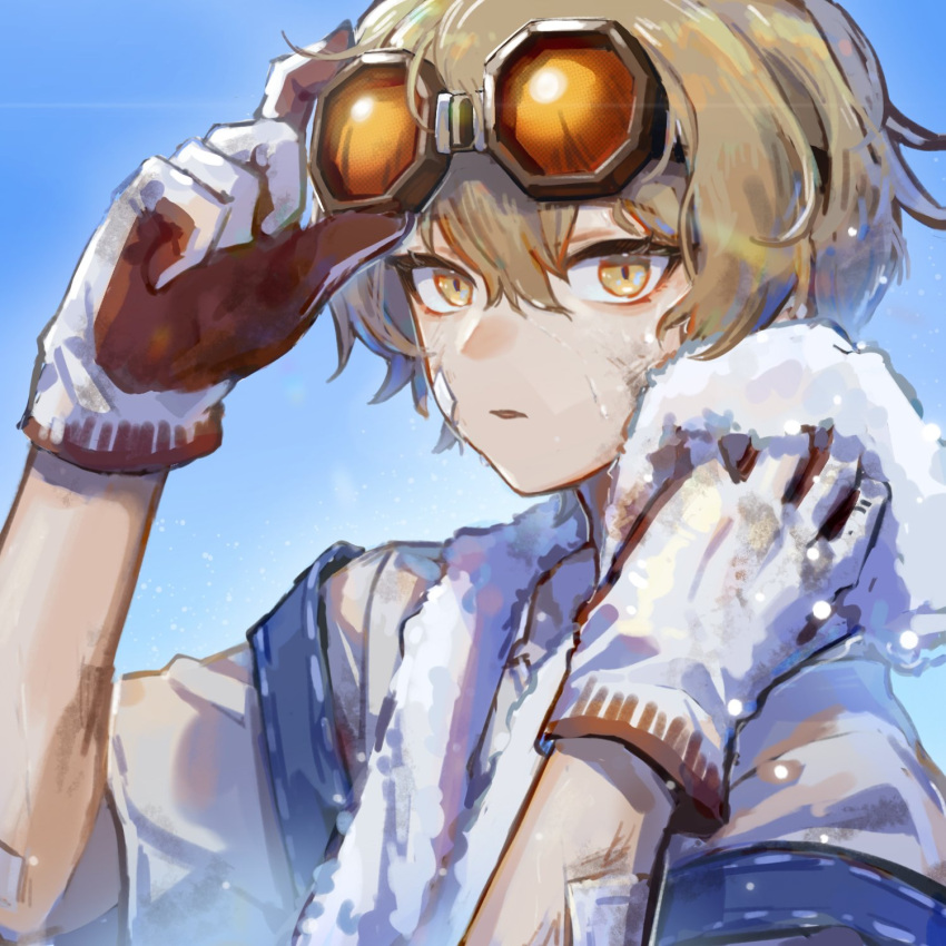 1boy, bandaid, bandaid_on_face, blonde_hair, blue_sky, gloves, goggles, goggles_on_head