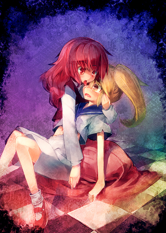 blonde_hair, eye_licking, kitashirakawa_chiyuri, licking, multiple_girls, okazaki_yumemi, red_hair, redhead, sailor, short_hair, touhou, touhou_(pc-98), twintails, ukyo_rst, yellow_eyes, yuri