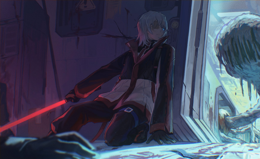 1girl, apple, black_gloves, black_jacket, black_pants, black_sweater, blue_eyes, closed_mouth, faust_(limbus_company), food, fruit, gauze_over_eye, gloves, golden_apple_(limbus_company), hallway, highres, holding, holding_weapon, indoors, jacket, limbus_company, maggot, pants, project_moon, shiqicheng, solo, sweater, weapon, white_hair