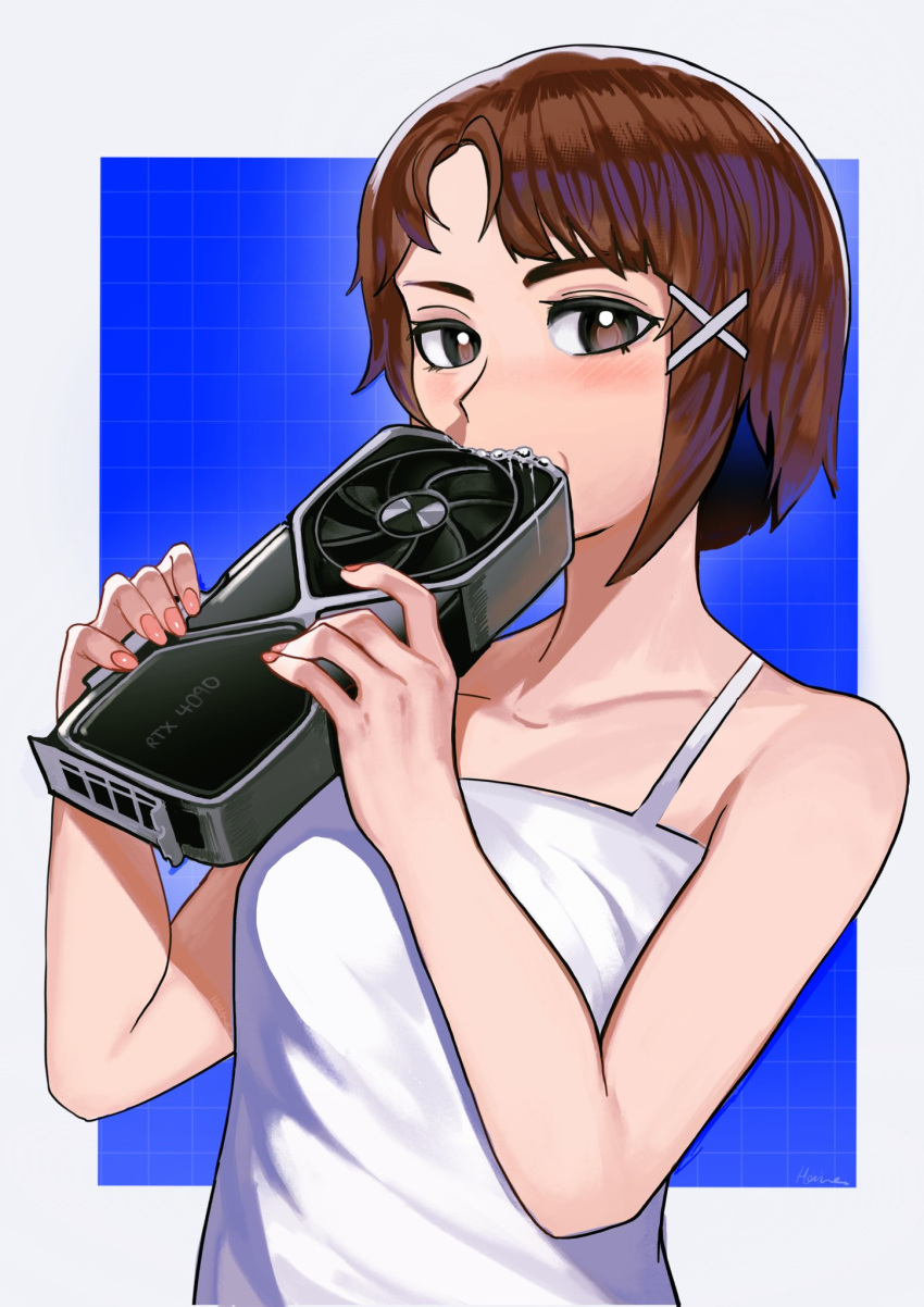 1girl, blue_background, border, brown_eyes, brown_hair, checkered_background, commentary, eating, english_commentary, geforce_rtx_4090, graphics_card, highres, hommie-k9k9, iwakura_lain, looking_at_viewer, saliva, serial_experiments_lain, shirt, short_hair, sleeveless, sleeveless_shirt, solo, tank_top, white_border, white_tank_top