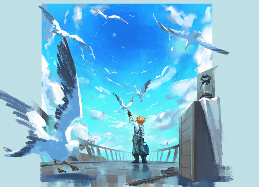 1girl, arm_up, bird, bird_feeding, black_gloves, blue_pants, blue_sky, crate