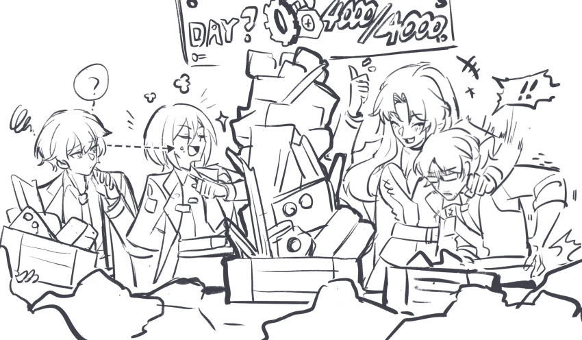 2boys, 2girls, back_pain, breasts, closed_eyes, coat, collared_shirt, crate