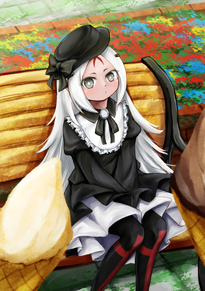 1girl, alternate_costume, bench, between_legs, black_bow, black_dress, black_eyes, black_headwear, black_pantyhose, black_ribbon, blush, bow, brooch, casual, chocolate, commentary_request, cross_print, dark-skinned_female, dark_skin, day, dress, elisa_(girls'_frontline), facial_mark, feet_out_of_frame, flower, forehead_mark, frills, girls_frontline, gothic_lolita, hair_ornament, hat, hat_bow, highres, holding_ice_cream_cone, ice_cream_cone, jewelry, logia13laplace, lolita_fashion, long_hair, long_sleeves, looking_at_viewer, moss, neck_ribbon, outdoors, pantyhose, parted_lips, pentagram, pov, print_pantyhose, puffy_long_sleeves, puffy_sleeves, ribbon, sangvis_ferri, sitting, sitting_on_bench, skirt, solo, vanilla, white_hair, white_skirt