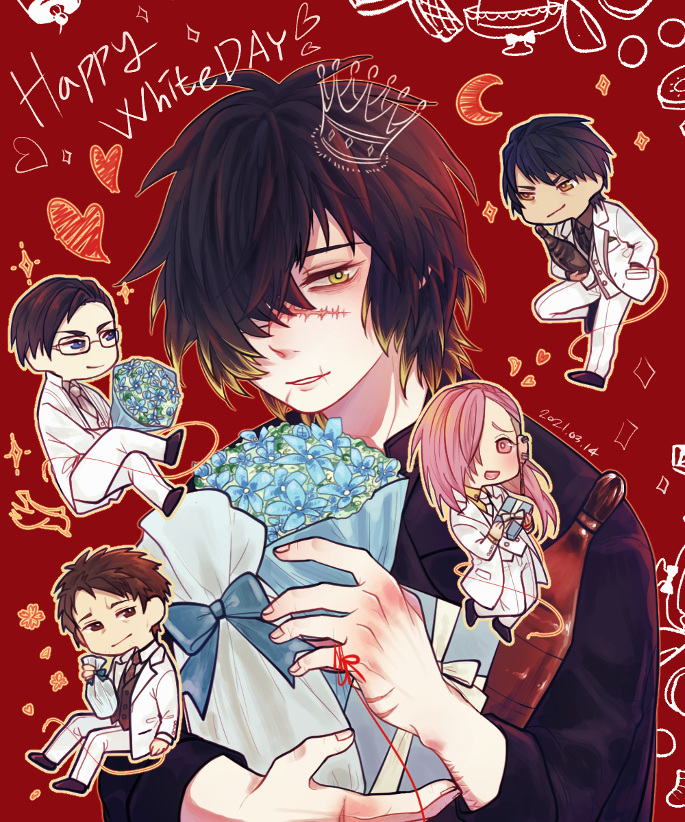2021, 5boys, black_hair, blonde_hair, blue_flower, bouquet, chell_(nagi010), dated, flower, fujieda_ryo, happy_white_day, highres, holding, holding_bouquet, izumi_rei_(slow_damage), madarame_kei, multicolored_hair, multiple_boys, murase_takuma, red_background, scar, scar_on_face, short_hair, slow_damage, towa_(slow_damage), yellow_eyes