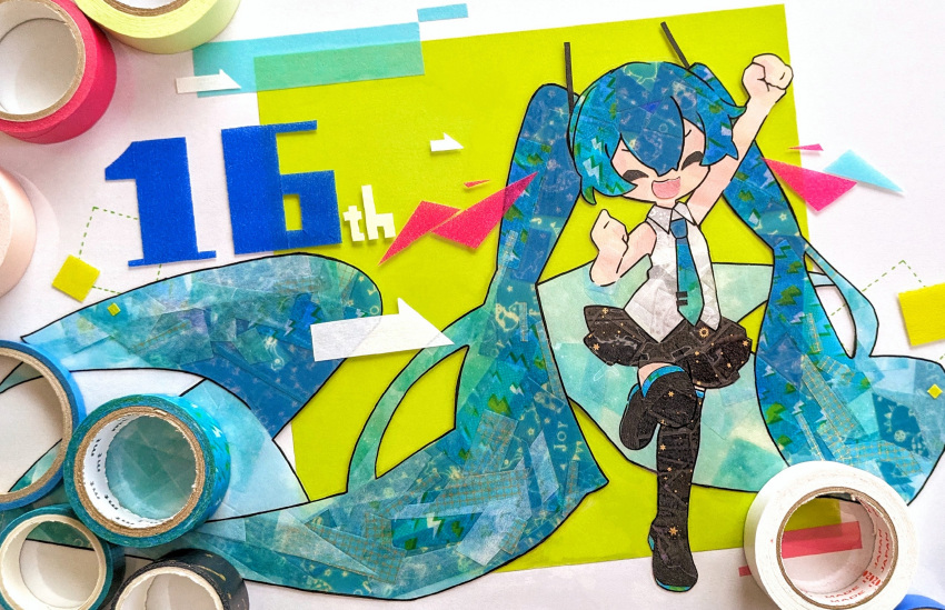 1girl, :3, absurdly_long_hair, anniversary, arm_up, art_tools_in_frame, black_footwear, black_skirt, blue_hair, blue_necktie, boots, clenched_hands, closed_eyes, collared_shirt, commentary_request, facing_viewer, hatsune_miku, hatsune_miku_happy_16th_birthday_-dear_creators-, highres, long_hair, masking_tape, necktie, no_detached_sleeves, open_mouth, patterned_clothing, patterned_hair, raised_fist, shirt, skirt, sleeveless, sleeveless_shirt, smile, solo, standing, standing_on_one_leg, tako_to_tori, thigh_boots, twintails, v-shaped_eyebrows, very_long_hair, vocaloid, white_shirt