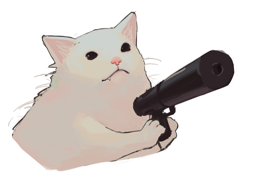 absurdres, animal, animal_focus, cat, closed_mouth, fang, gun, handgun