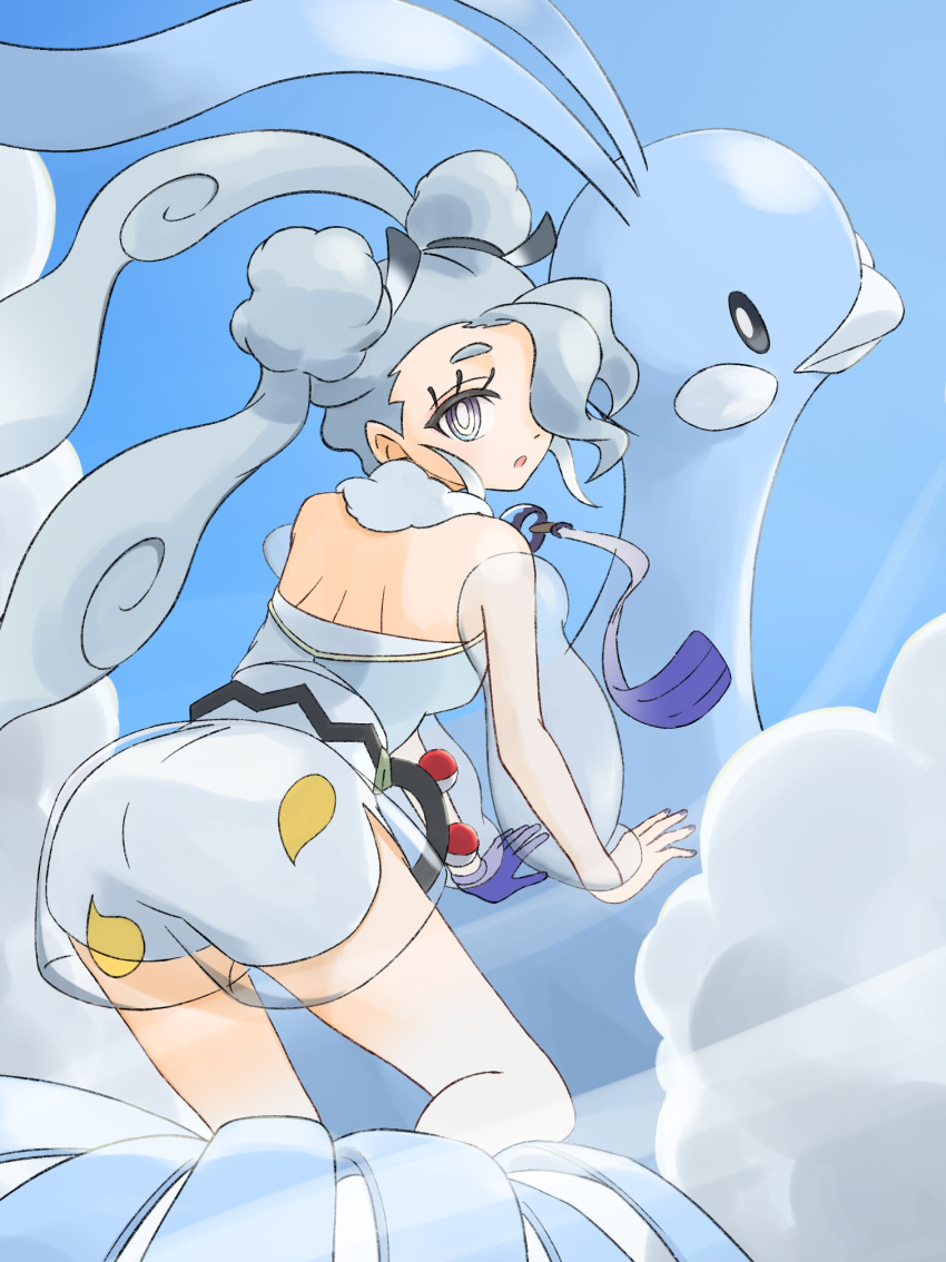 1girl, altaria, bare_shoulders, blue_gloves, blue_nails, blue_sky, double_bun, flying_miku_(project_voltage)