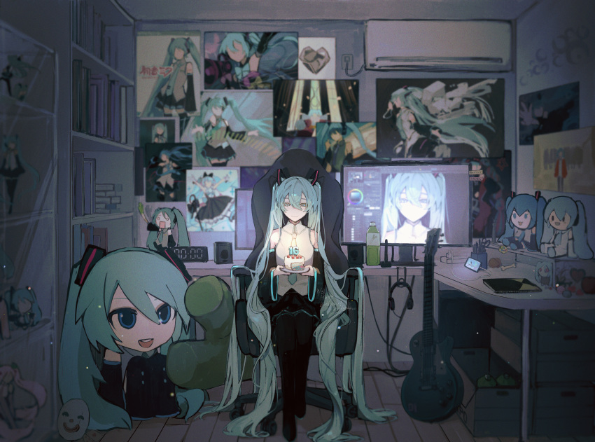 1girl, absurdly_long_hair, absurdres, aimaina, air_conditioner, aqua_eyes, aqua_hair, aqua_necktie