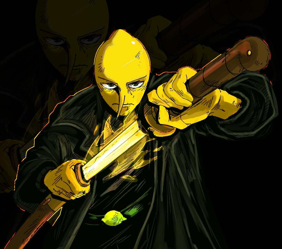 1boy, adventure_time, black_background, colored_skin, commentary, cowboy_shot, earl_of_lemongrab, english_commentary
