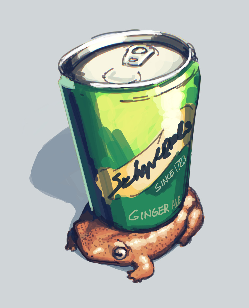 absurdres, amphibian_eyes, animal, animal_focus, brand_name_imitation, can, ginger_ale, grey_background