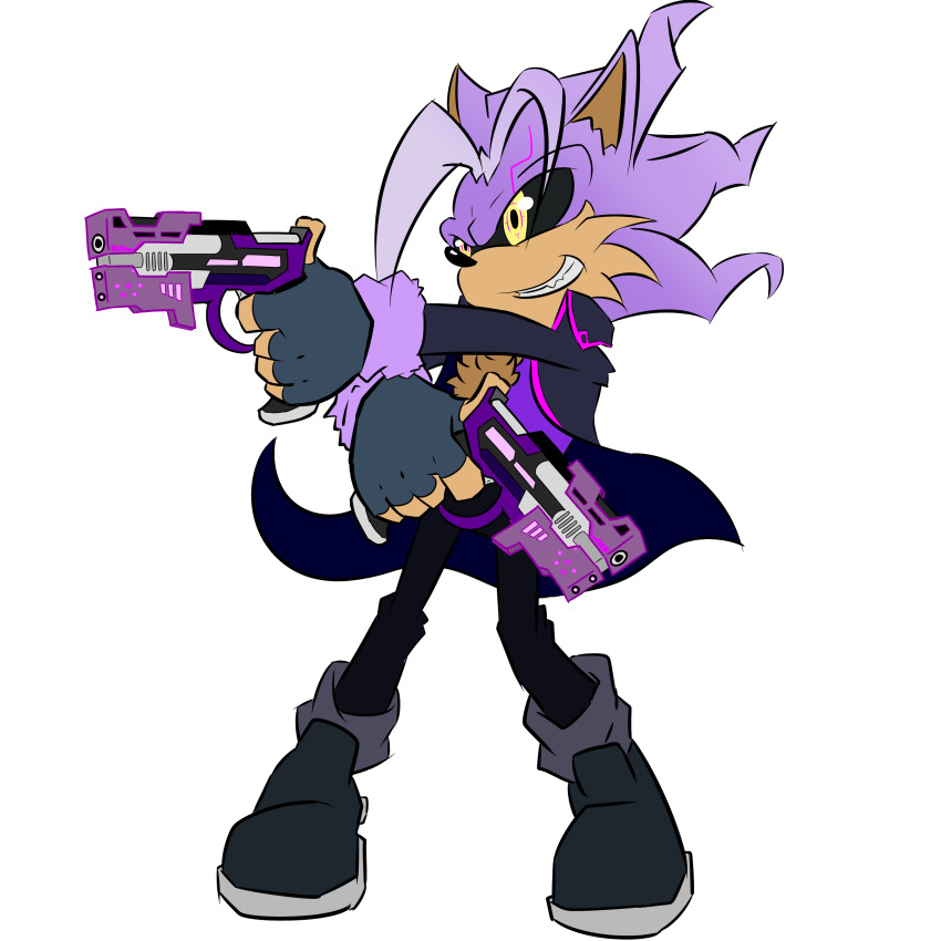 absurdres, energy_gun, gun, hedgehog, hedgehog_boy, highres, holding, holding_gun, holding_weapon, krash, krash_the_hedgehog, krax, krax_the_alagam, mobian, non-web_source, parted_bangs, purple_hair, weapon