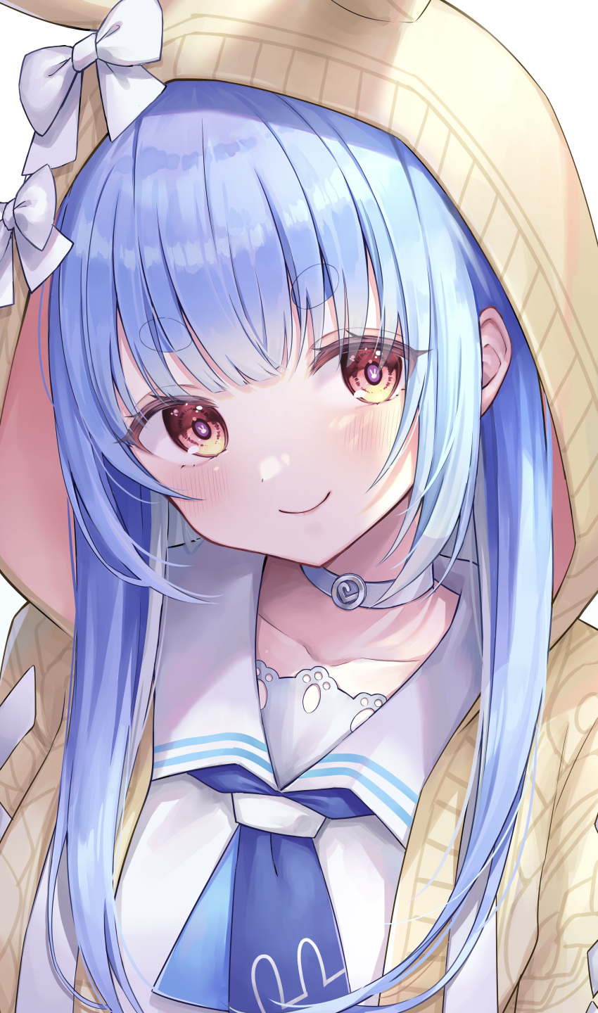 1girl, absurdres, amano_kurumi, animal_hood, blue_hair, blue_neckerchief, blush, brown_cardigan