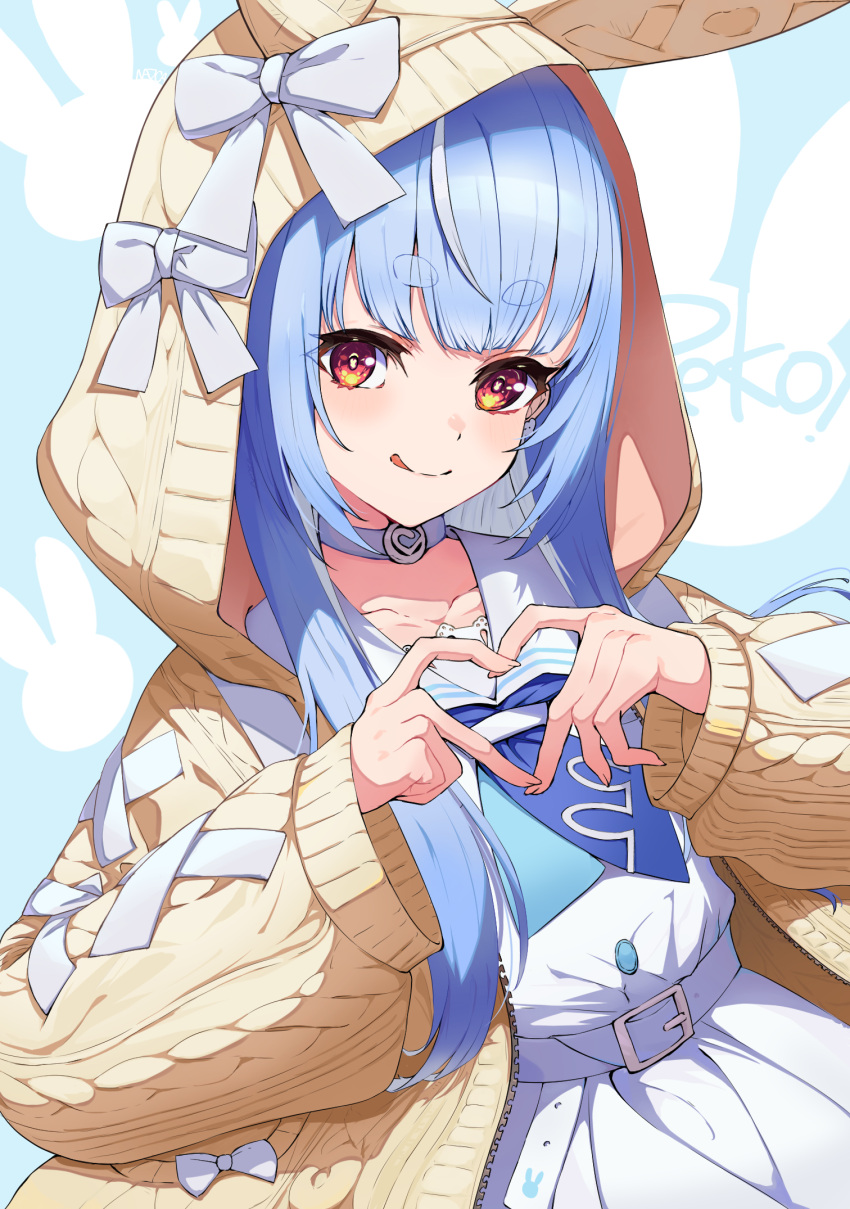 1girl, :q, animal_hood, aran_sweater, belt, blue_hair, blue_jacket, blue_neckerchief