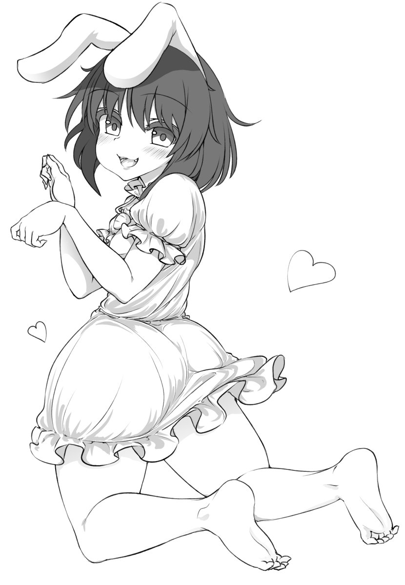 1girl, animal_ears, barefoot, blush, commentary_request, full_body, greyscale, haseru_(ginku_mh)