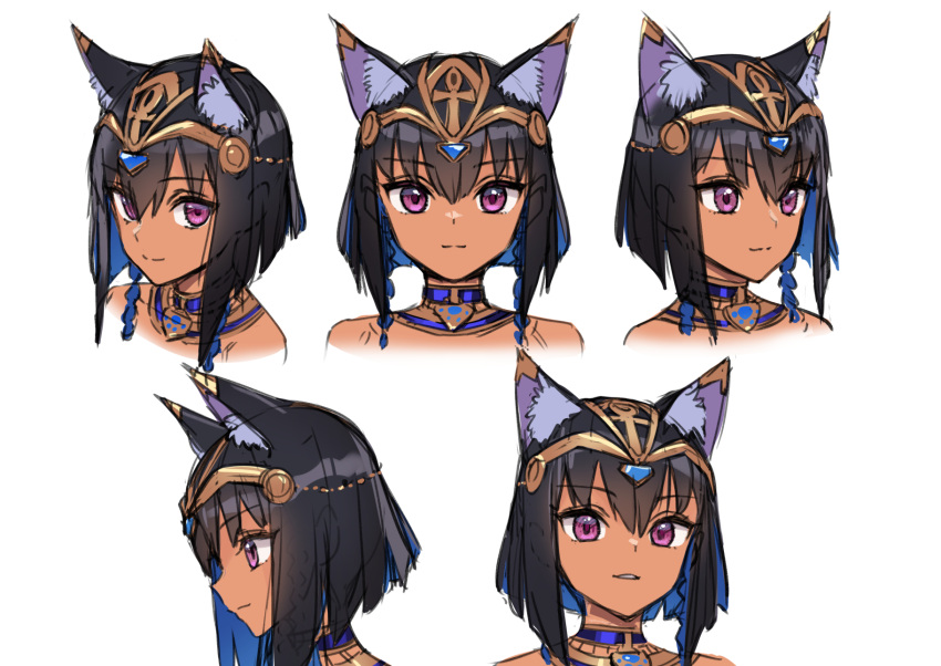 1girl, animal_ear_fluff, animal_ears, bare_shoulders, black_hair, blue_hair, cat_ears, cat_girl