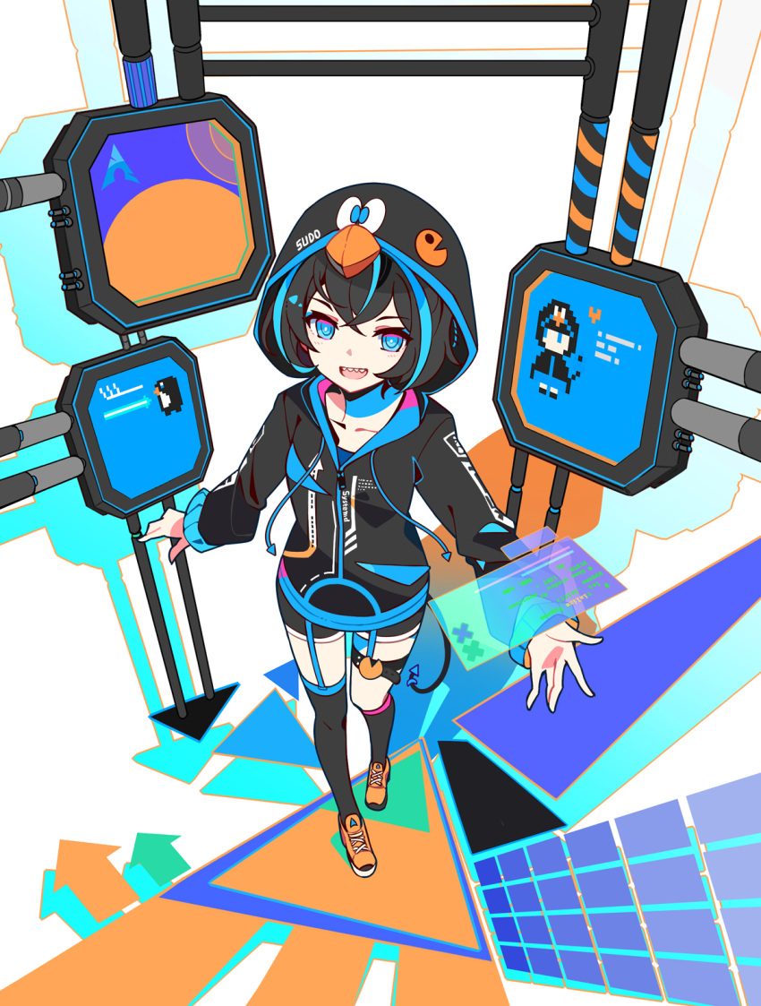 1girl, animal_hood, arch_linux, arrow_(symbol), bird, black_hair, black_jacket, black_shorts