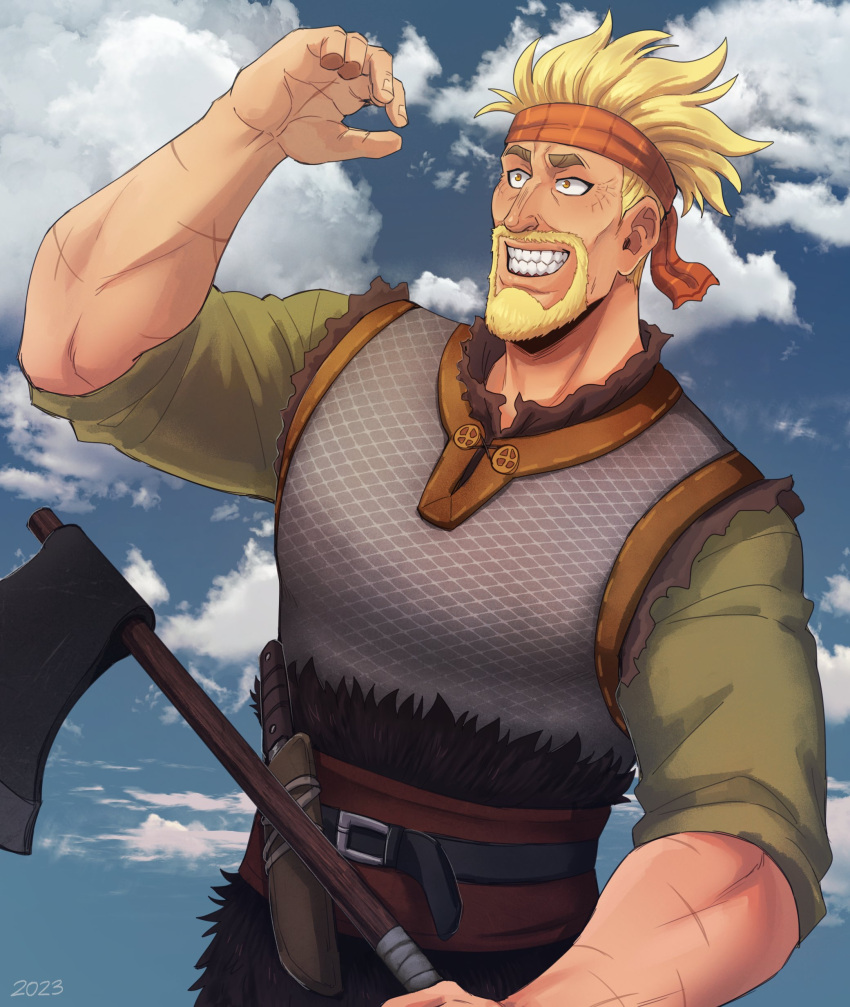 1boy, absurdres, aquiline_nose, axe, beard, blonde_hair, cowboy_shot, daxratchet