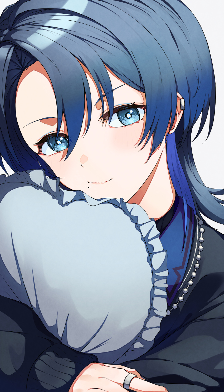 1girl, absurdres, black_jacket, blue_eyes, blue_hair, blue_theme, closed_mouth, commentary_request