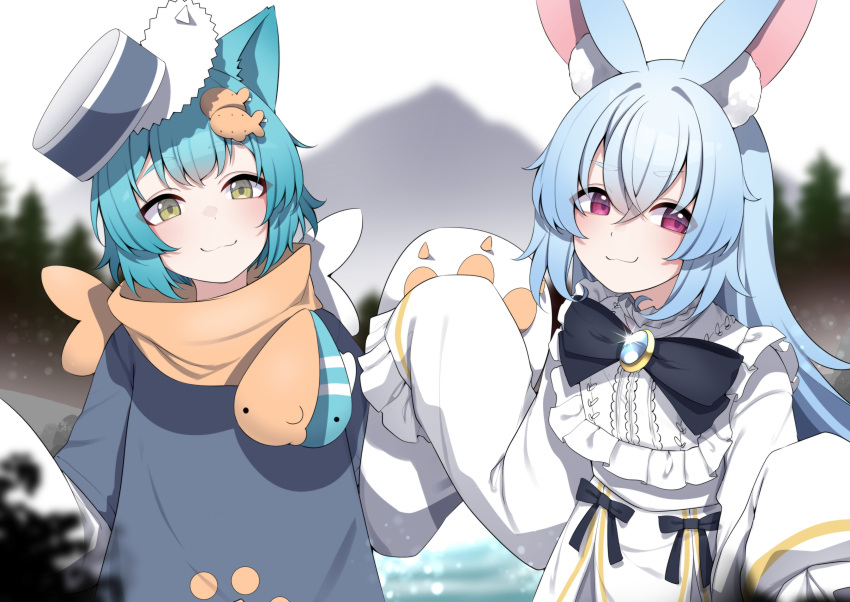 2girls, :3, absurdres, animal_ear_fluff, animal_hands, aqua_hair, black_ribbon, blue_hair