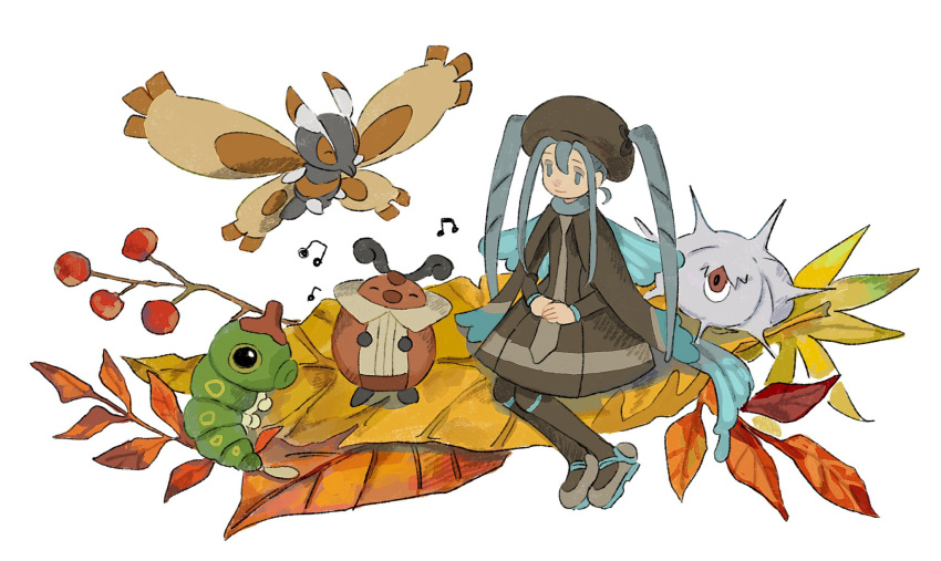 1girl, blue_eyes, blue_hair, bug, bug_miku_(project_voltage), caterpie, closed_eyes, closed_mouth