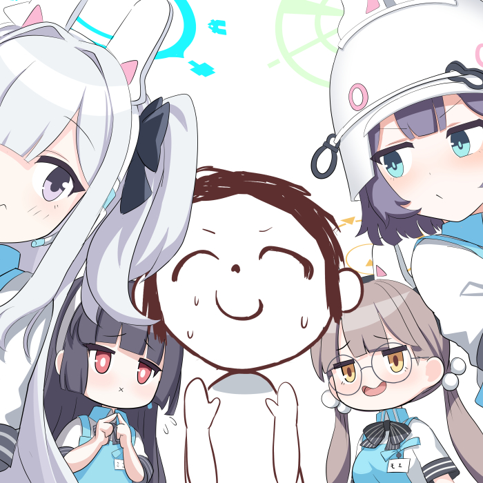 1boy, 4girls, angel's_24_uniform_(blue_archive), apron, black_bow, black_bowtie, black_hair, blue_apron, blue_archive, blue_eyes, blue_halo, bow, bowtie, brown_hair, glasses, green_halo, grey_headwear, halo, long_hair, looking_at_viewer, low_twintails, miyako_(blue_archive), miyako_(lawson)_(blue_archive), miyu_(blue_archive), miyu_(lawson)_(blue_archive), moe_(blue_archive), moe_(lawson)_(blue_archive), multiple_girls, o_(rakkasei), one_side_up, open_mouth, polo_shirt, purple_hair, rabbit_platoon_(blue_archive), red_eyes, round_eyewear, saki_(blue_archive), saki_(lawson)_(blue_archive), sensei_(blue_archive), shirt, short_hair, short_sleeves, simple_background, twintails, two_side_up, white_background, white_hair, white_shirt, yellow_eyes, yellow_halo