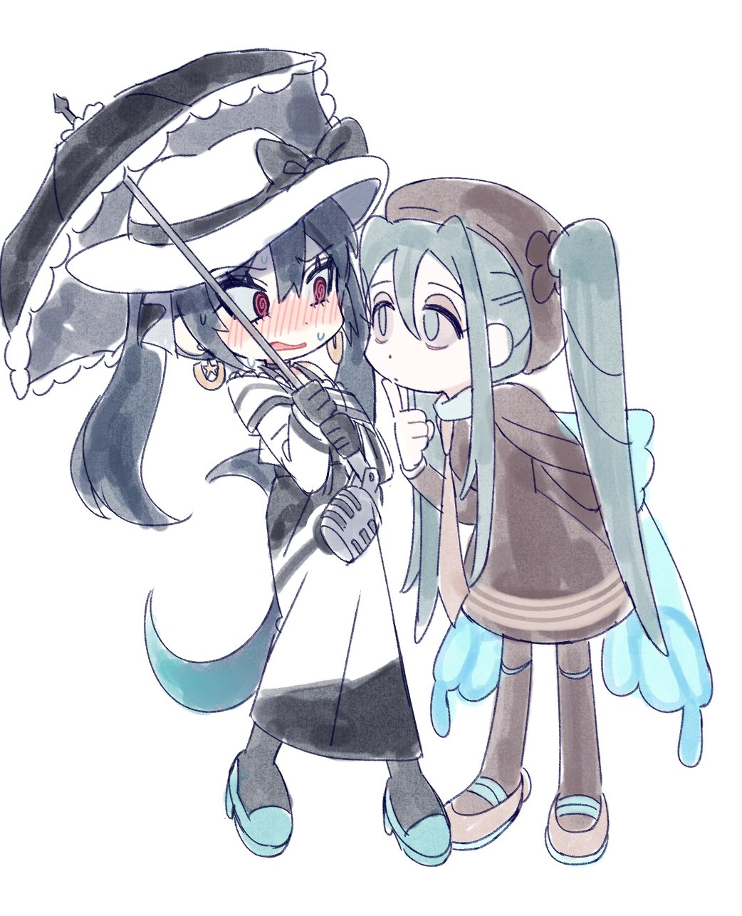 2girls, @_@, animal_print, aqua_hair, back_bow, black_bow, black_choker, black_gloves, black_hair, black_pantyhose, blush, book, bow, bug_miku_(project_voltage), butterfly_print, choker, claws, colored_sclera, daily_danmi, dark_miku_(project_voltage), dress, earrings, eyeshadow, finger_to_mouth, full_body, gloves, green_hair, grey_eyes, hair_between_eyes, hair_through_headwear, hat, hat_bow, hatsune_miku, high_heels, highres, holding, holding_book, jewelry, long_bangs, long_dress, long_hair, long_sleeves, looking_at_another, luxury_ball, makeup, mary_janes, multicolored_hair, multiple_girls, music, necktie, pantyhose, poke_ball, pokemon, project_voltage, red_eyes, shoes, simple_background, twintails, vocaloid, white_background