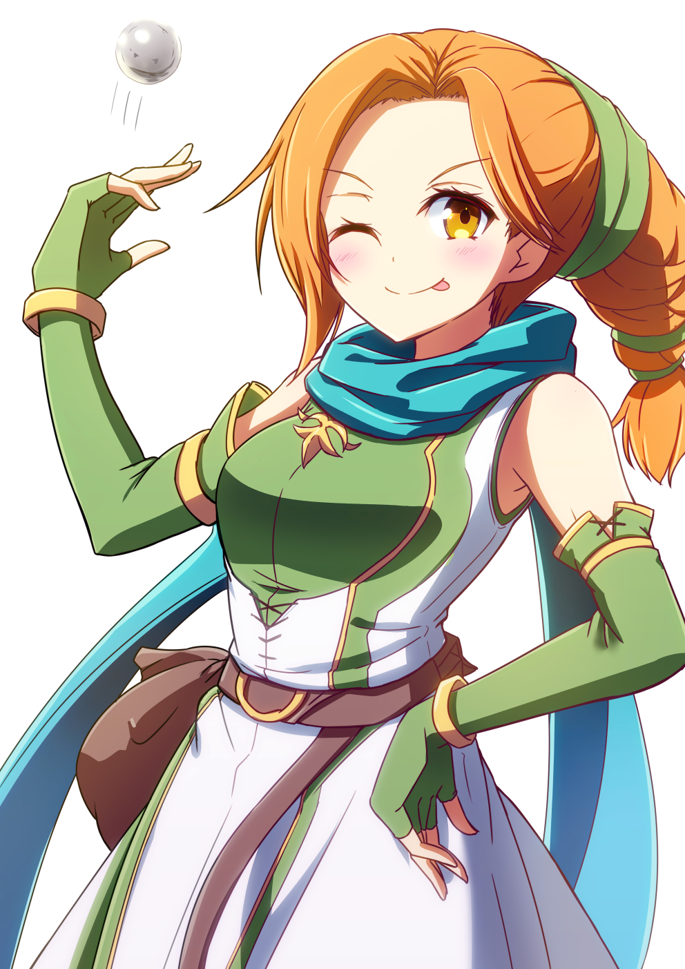 1girl, ;p, bare_shoulders, blue_scarf, blush, cath_(fire_emblem), commentary_request, dress