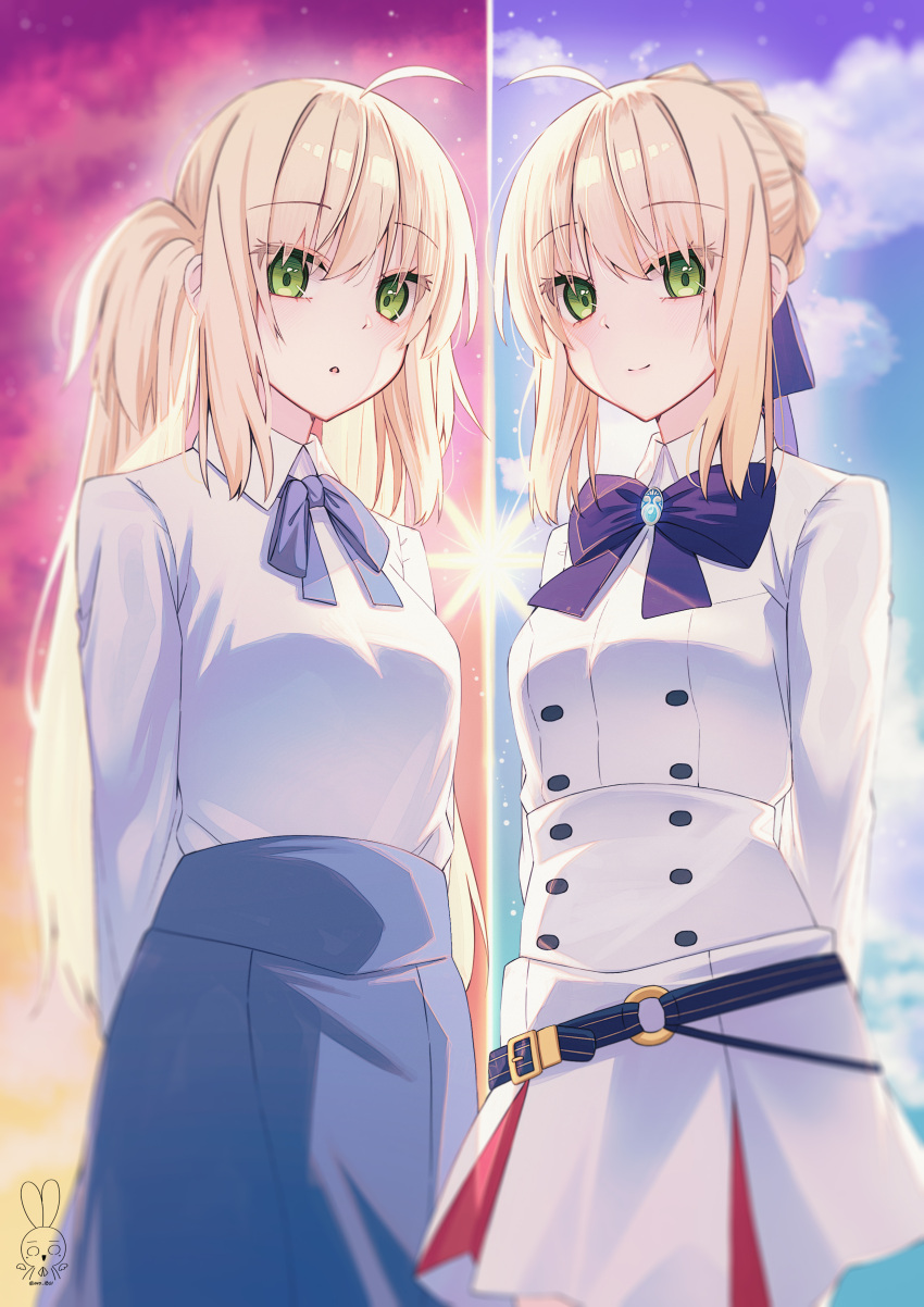 2girls, absurdres, ahoge, alternate_costume, arms_behind_back, aro_1801, artoria_caster_(fate), artoria_caster_(fate)_(cosplay)