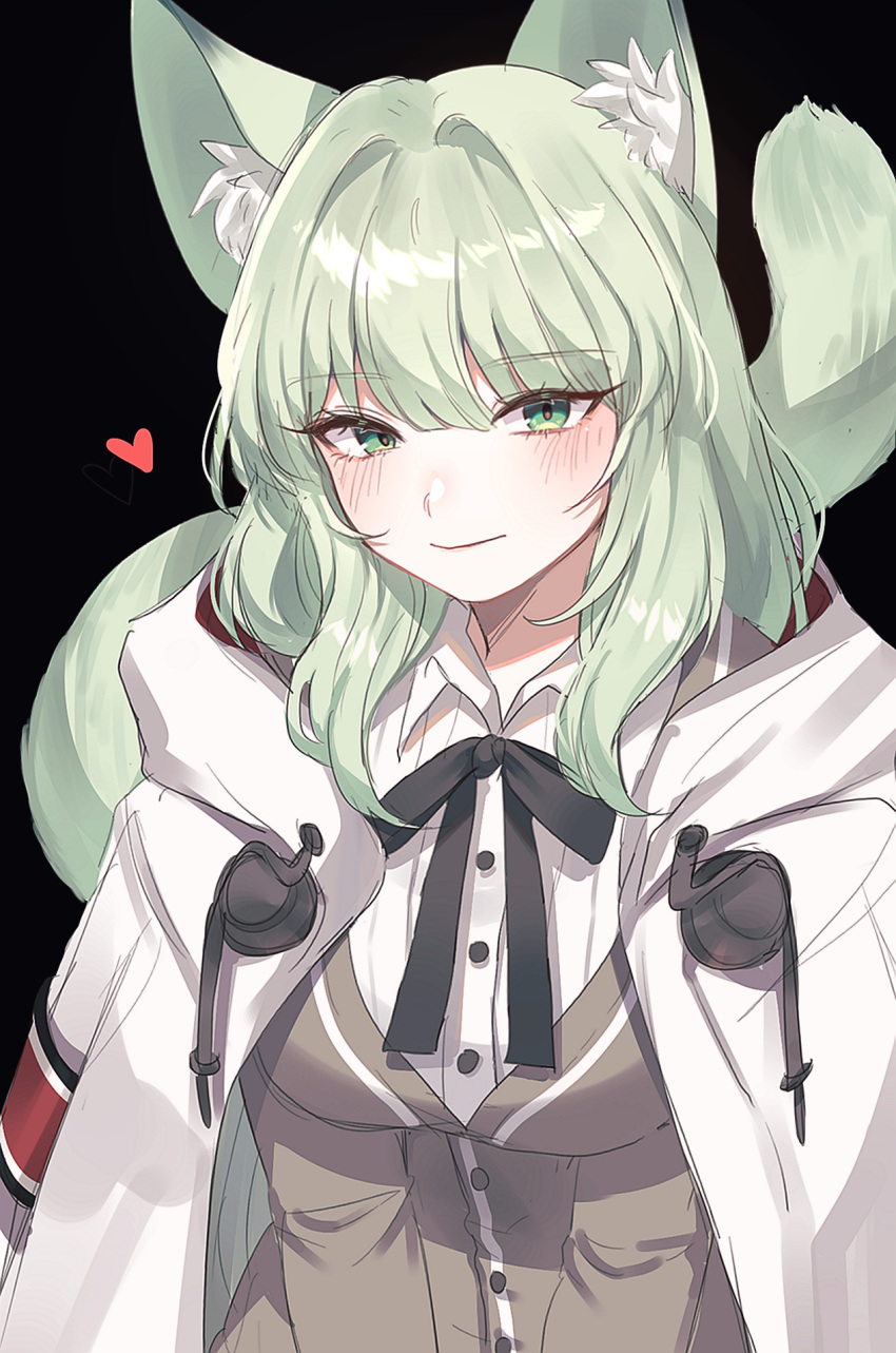 1girl, animal_ear_fluff, animal_ears, arknights, black_background, black_bow, black_bowtie, blush