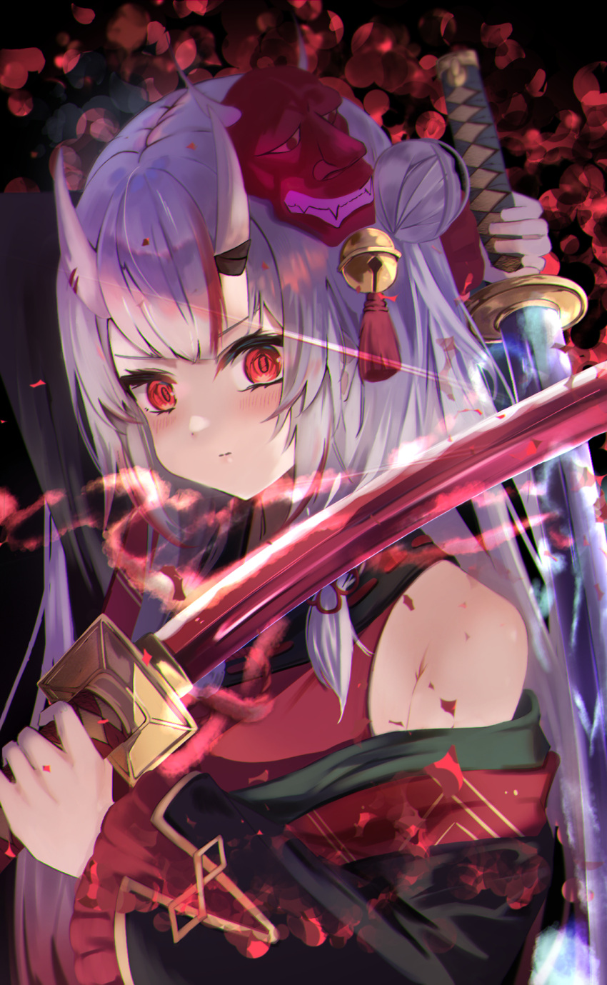 1girl, black_kimono, blush, dual_wielding, grey_hair, hair_bun, highres, holding, holding_sword, holding_weapon, hololive, horns, japanese_clothes, kimono, long_hair, looking_at_viewer, mask, multicolored_hair, nakiri_ayame, nakiri_ayame_(1st_costume), oni, oni_horns, oni_mask, red_eyes, red_kimono, redhead, single_hair_bun, siyara_amau, sleeveless, sleeveless_kimono, solo, streaked_hair, sword, virtual_youtuber, weapon