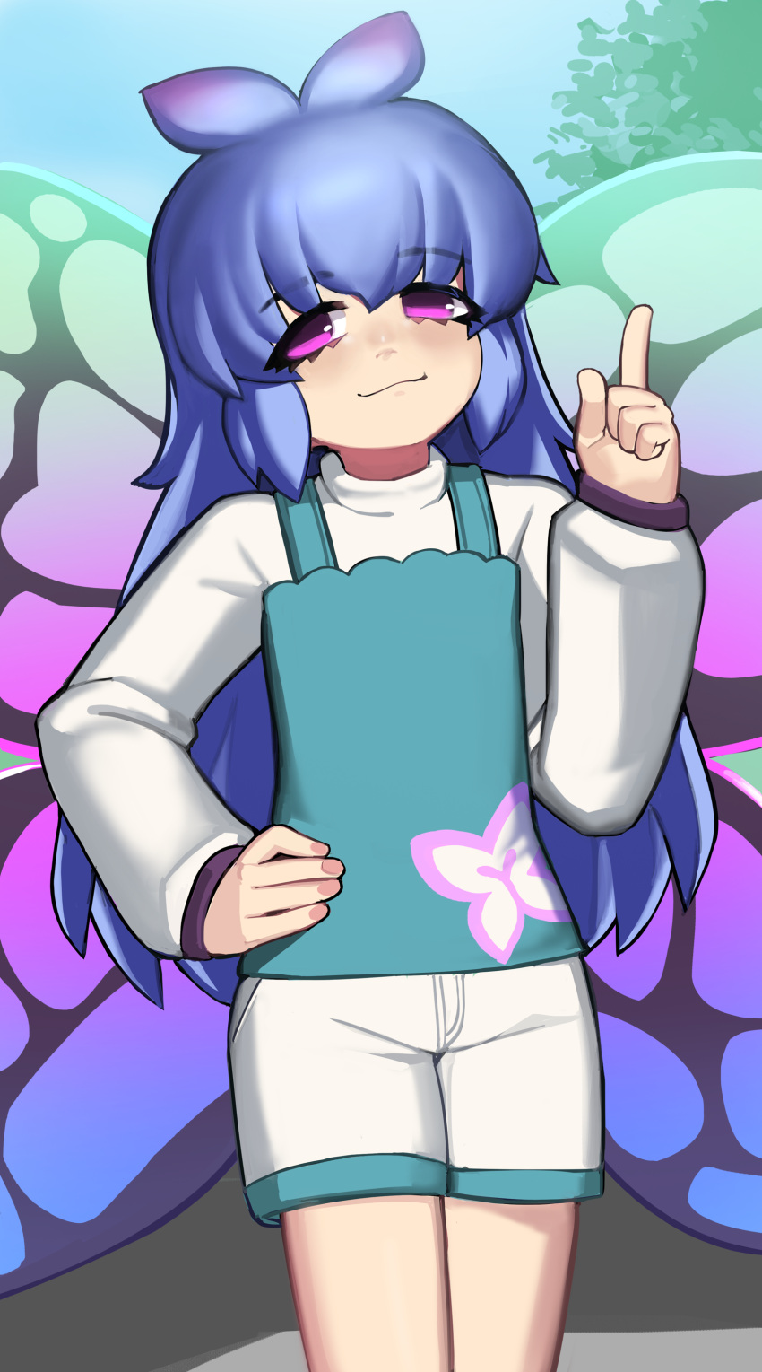100_percent_orange_juice, 1girl, absurdres, apron, blue_apron, blue_hair, butterfly_wings, commentary_request