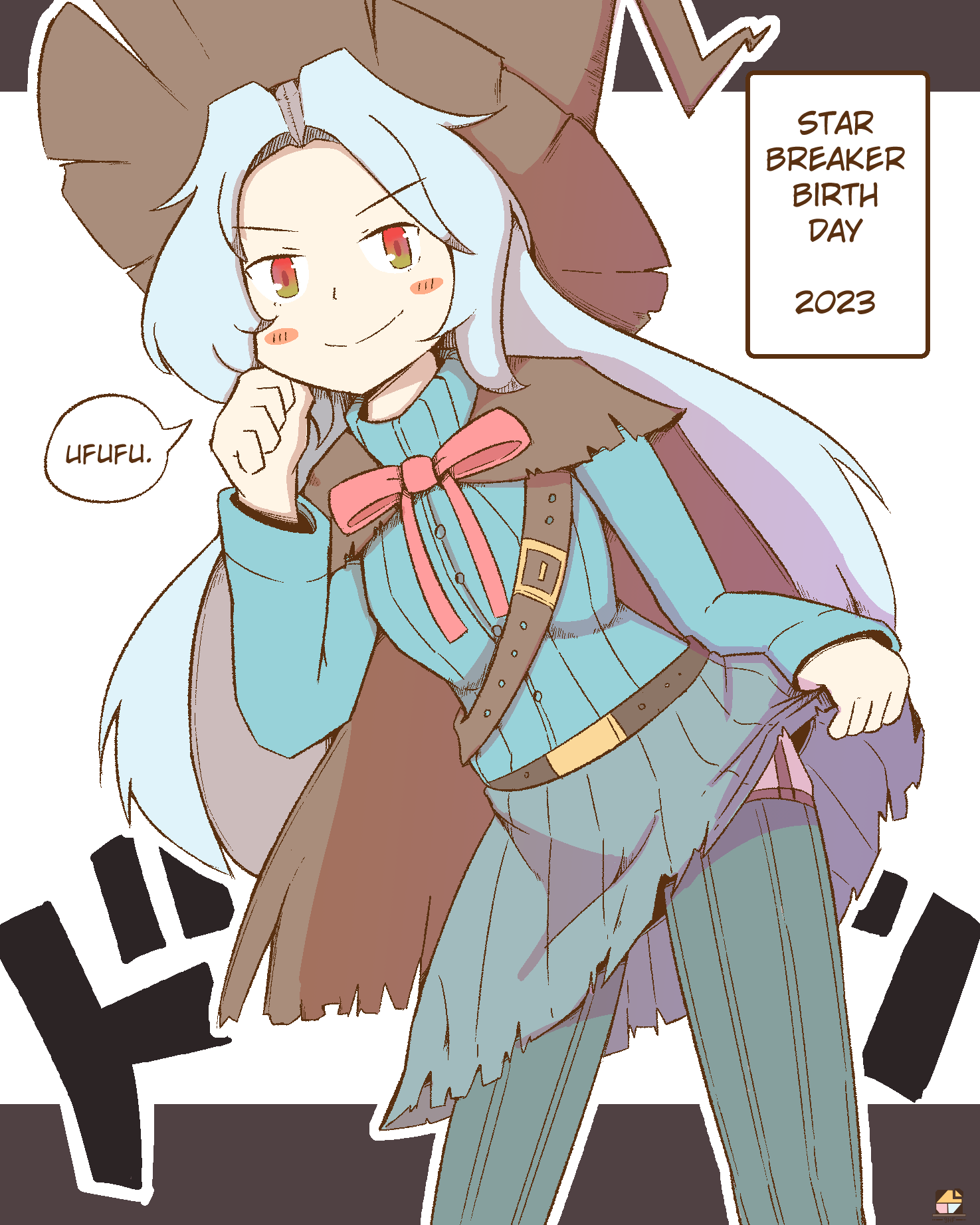 100_percent_orange_juice, 1girl, 9hf, adapted_costume, belt, blue_shirt, blue_skirt, blue_thighhighs