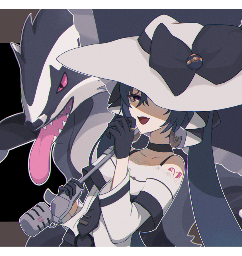 1girl, absurdres, bare_shoulders, black_gloves, bow, commentary, dark_miku_(project_voltage), earrings