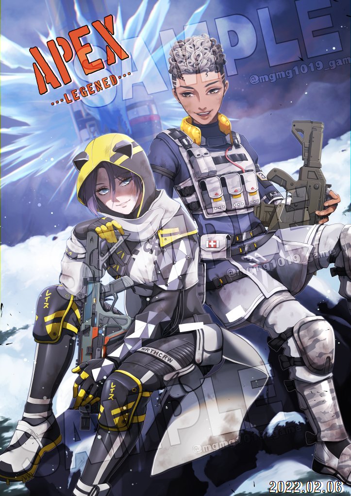 2girls, akami_maguro, animal_hood, animification, apex_legends, assault_rifle, bangalore_(apex_legends), belt