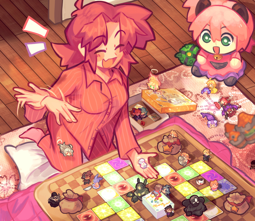 100_percent_orange_juice, 2girls, animal_ears, arnelle_(orange_juice), barefoot, bell, board_game, box