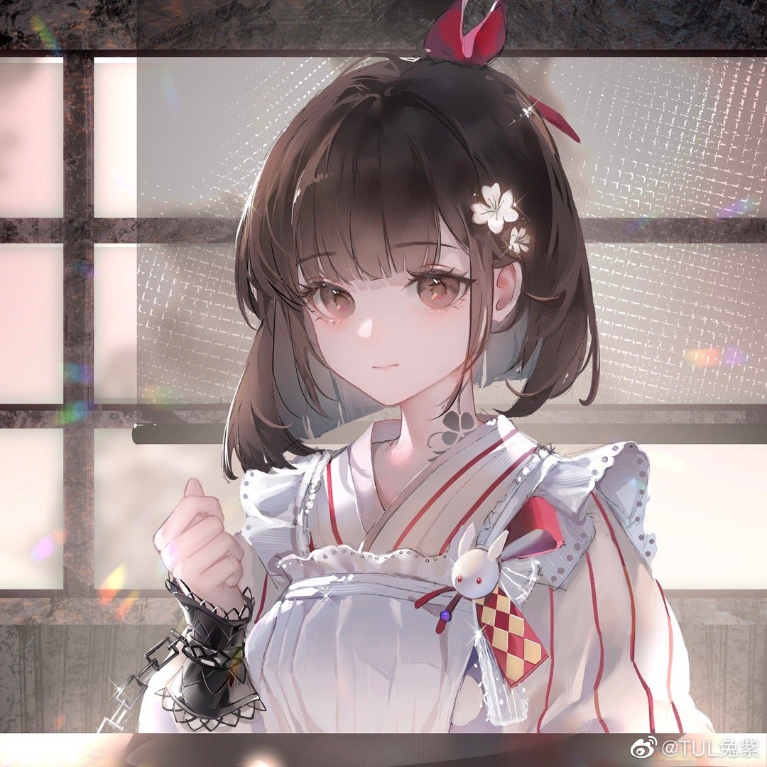 1girl, apron, blunt_bangs, blunt_ends, bob_cut, bow, brown_eyes, brown_hair