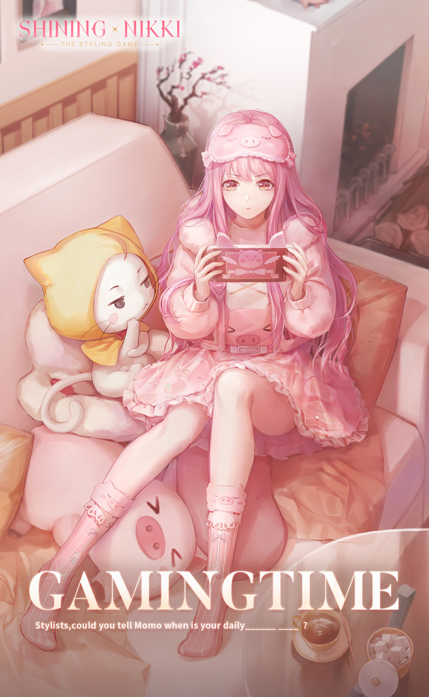 1girl, blanket, brown_eyes, cat, copyright_name, couch, cup, cushion