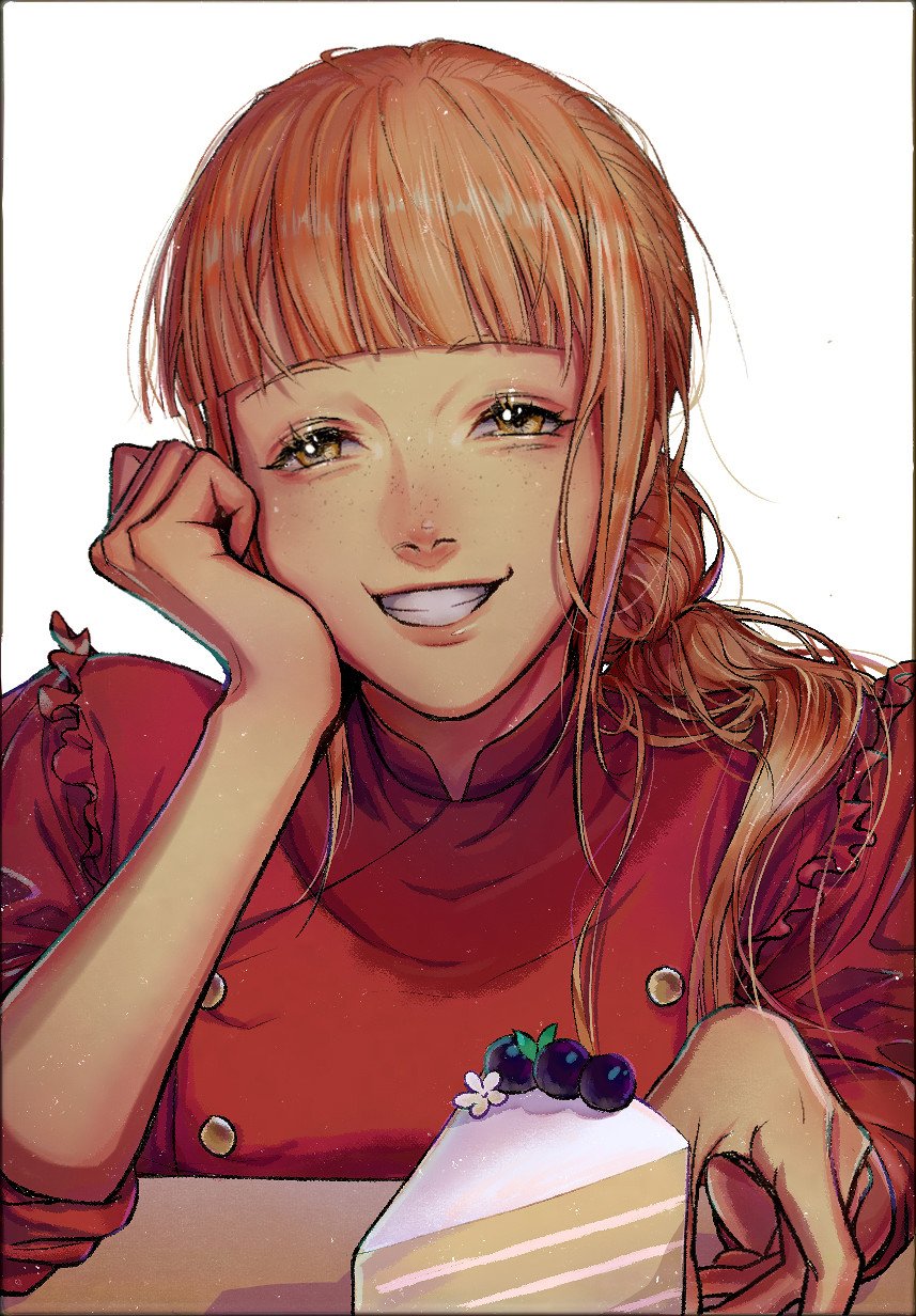 1girl, blunt_bangs, brown_hair, cake, cake_slice, chef, cosette_(one_piece), elbow_rest