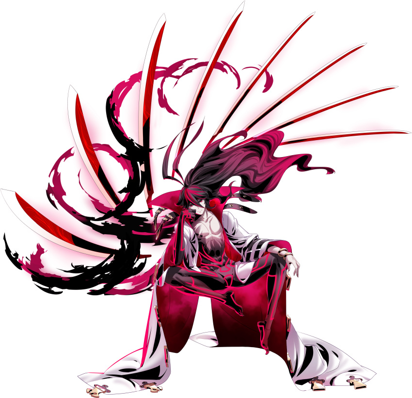 1boy, absurdres, barefoot, black_hair, black_skin, bracelet, coat, colored_skin, floating, floating_object, floating_sword, floating_weapon, highres, jewelry, kuon_(under_night_in-birth), long_hair, multicolored_hair, multicolored_skin, multiple_swords, official_art, open_clothes, open_coat, red_eyes, redhead, solo, spread_legs, sword, under_night_in-birth, under_night_in-birth_2_sys:celes, weapon
