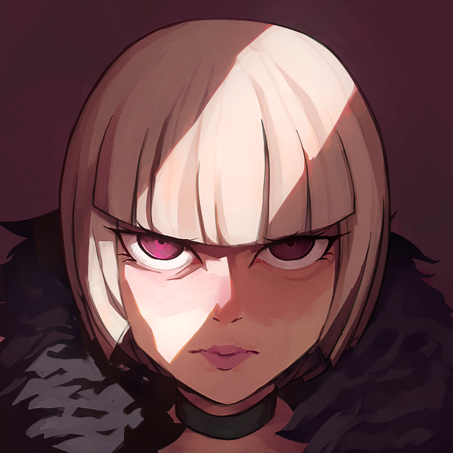 1girl, ace_attorney, ace_attorney_investigations, black_choker, blonde_hair, bob_cut, choker, eyebrows_hidden_by_hair, pink_lips, portrait, shade, shih-na, shih-na_(artist), short_hair, solo, violet_eyes