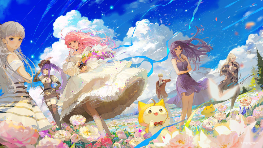 1boy, 5girls, ace_(miracle_nikki), adjusting_clothes, adjusting_headwear, anniversary, bare_legs, bare_shoulders, bird, black_jacket, blonde_hair, blue_sky, blurry, blurry_foreground, boots, bouquet, breasts, brown_eyes, brown_headwear, cat, choker, copyright_name, corset, day, dress, english_commentary, field, flower, flower_field, glasses, highres, holding, holding_bouquet, jacket, jewelry, kimi_(miracle_nikki), long_hair, medium_breasts, momo_(miracle_nikki), mountainous_horizon, multiple_girls, necklace, nikki_(miracle_nikki), official_art, outdoors, pants, pink_hair, purple_dress, purple_hair, red_jacket, red_ribbon, ribbon, shining_nikki, shirt, sky, sword, violet_eyes, weapon, white_dress, white_hair, white_pants, white_shirt, wind, yellow_cloak