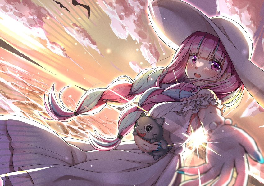 1girl, :d, absurdres, alternate_costume, bare_shoulders, beckoning, blue_hair, blue_nails