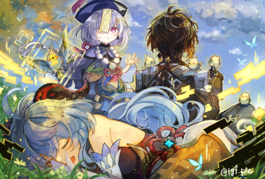 1boy, 2girls, ahoge, bare_shoulders, beads, bird, black_gloves, black_hair