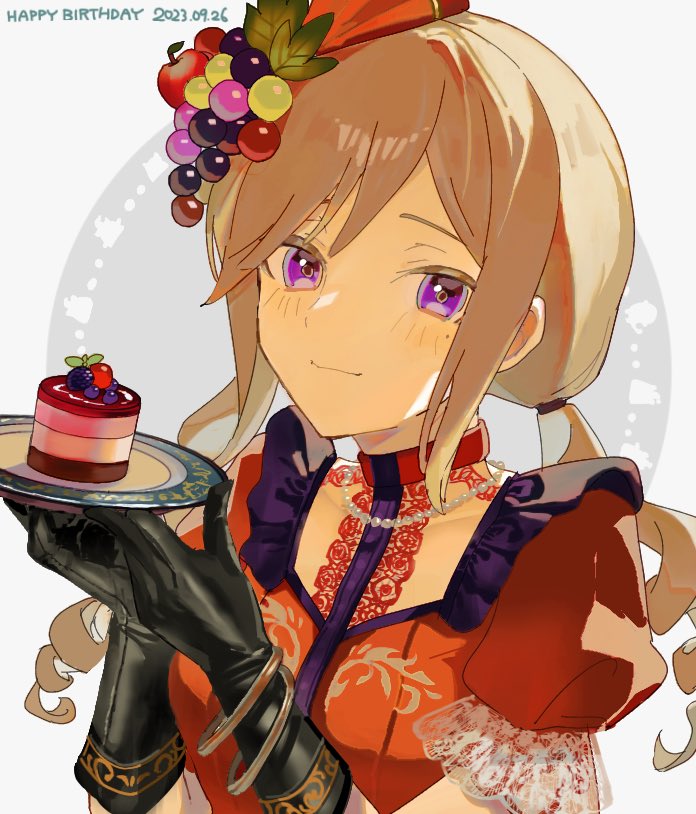 1girl, bawa_(thankyousushi), black_gloves, blackberry_(fruit), blush, bow, breasts, brown_hair