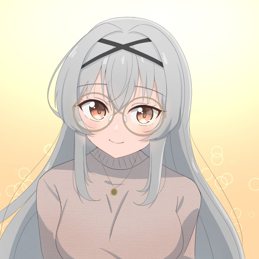 1girl, arms_at_sides, blush, breasts, brown_eyes, closed_mouth, dot_nose, glasses